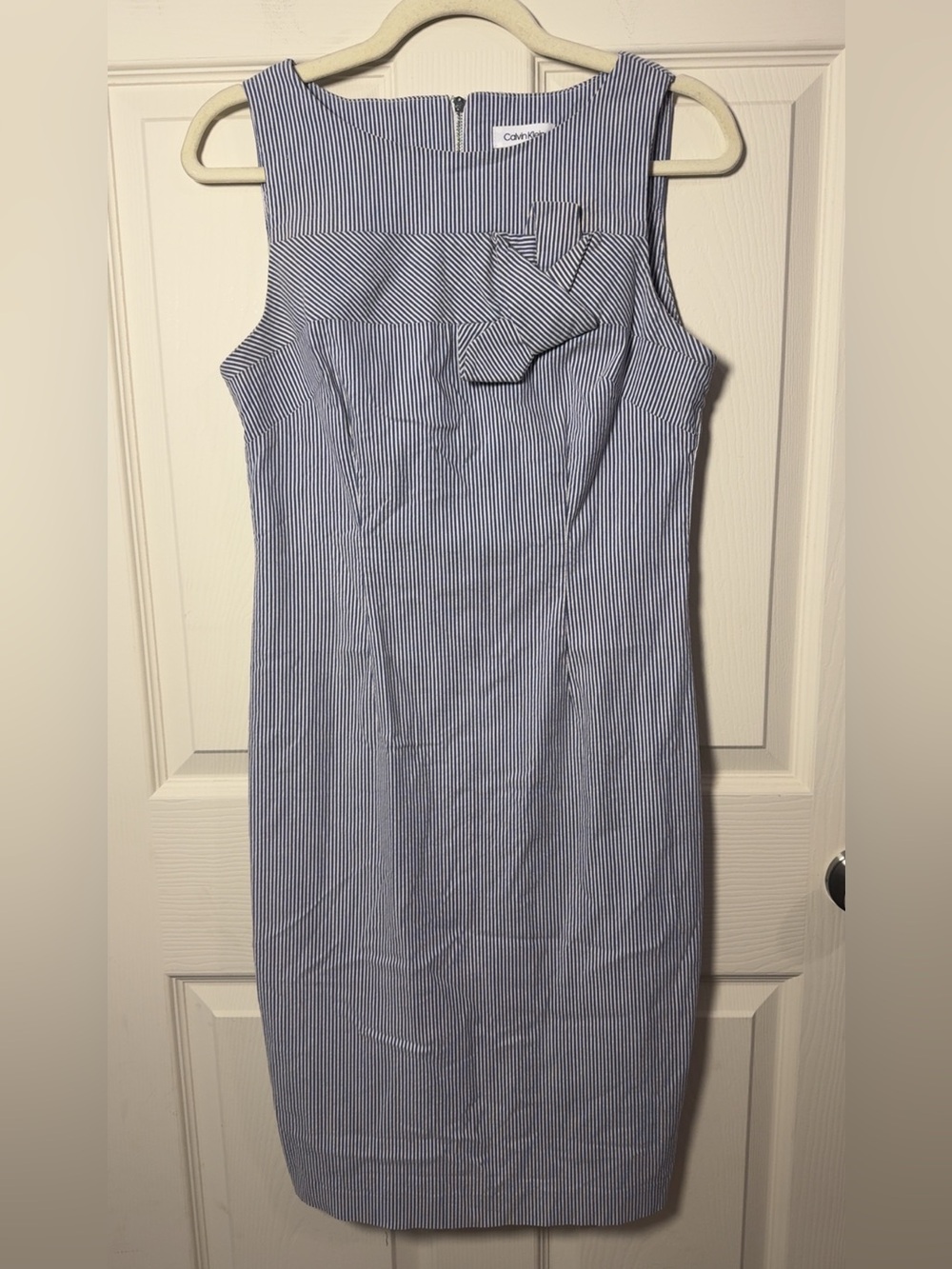 Calvin Klein Blue and White Pinstripe Midi Sheath Dress